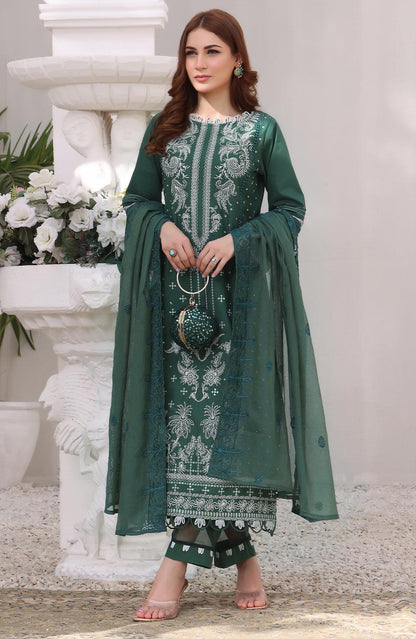Women's dark green embroidered tunic with long sleeves and sheer matching dupatta