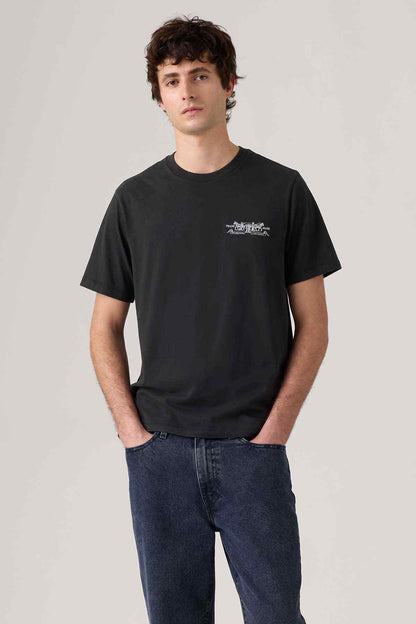 Men's black crew-neck T-shirt with small chest logo graphic
