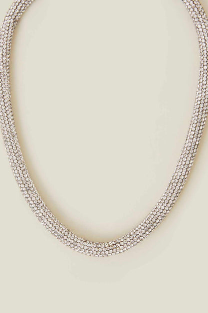 Crystal rhinestone tennis necklace, fine mesh detail close-up