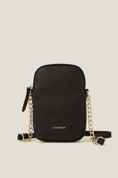 Black leather-look crossbody bag with front logo and chain straps