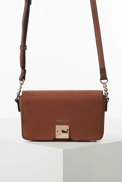 Brown flap crossbody bag with gold-tone clasp and chain shoulder straps
