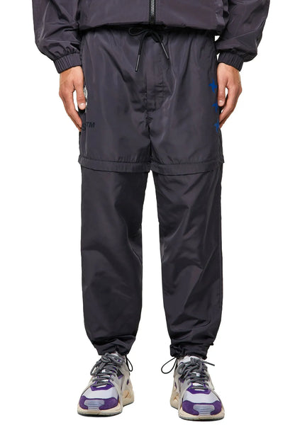 Dark navy track pants with drawstring waist and side pockets, elastic cuffs