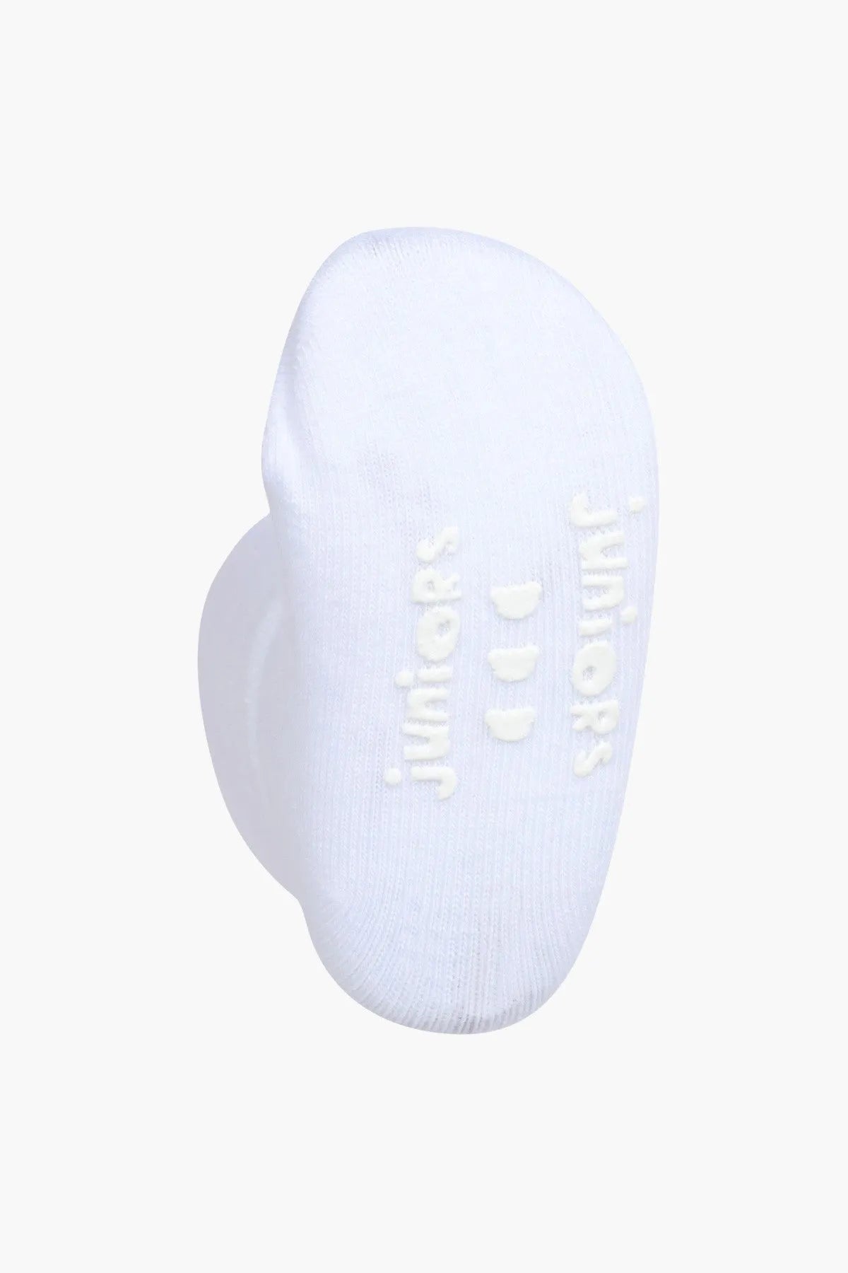 White baby socks with 'junior' printed text on foot