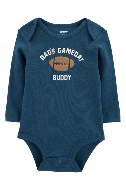 Carter's long-sleeve baby bodysuit, dark blue with football graphic and snap bottom