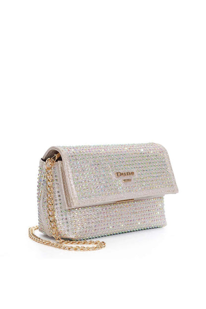Rhinestone crossbody bag with flap and chain strap, gold-tone hardware