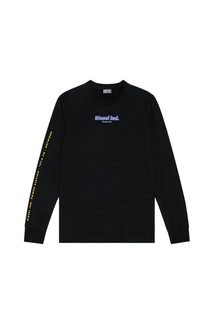 Black long-sleeve crew-neck T-shirt with 'Diesel ind. Network' front graphic