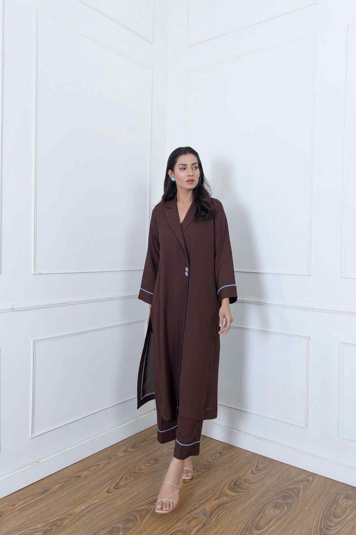 Brown velour long coat dress with pointed collar and side slit, contrast trim