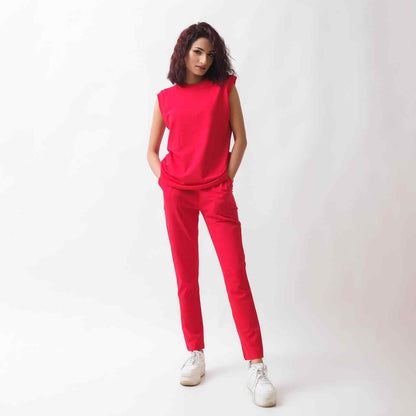 Red sleeveless top and tapered pants set, front view