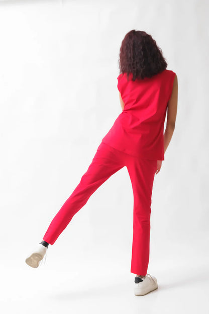 Red sleeveless top and tapered pants set, back view