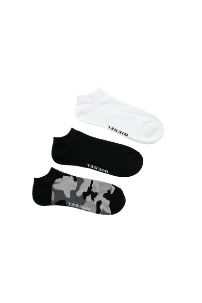 Three-pack crew socks in white, black, and camo print