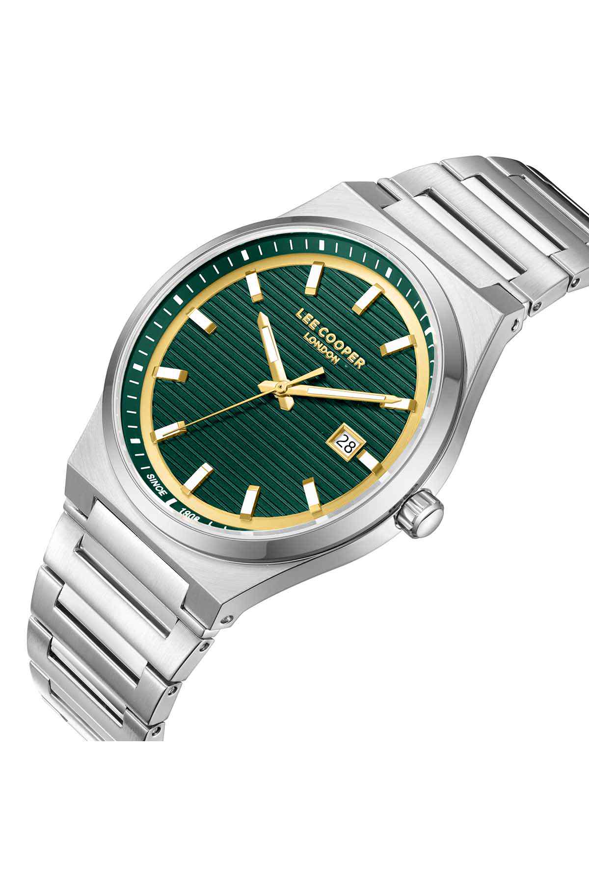 Lee Cooper silver metal wristwatch, green face with gold markers and date window