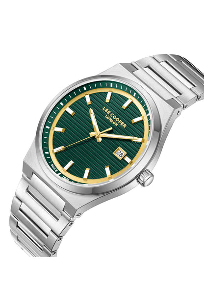 Lee Cooper silver metal wristwatch, green face with gold markers and date window