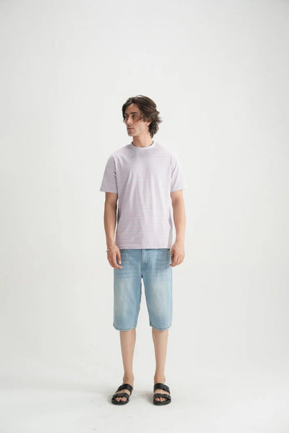 Men's lavender crewneck T-shirt with thin horizontal stripes, short sleeves on model