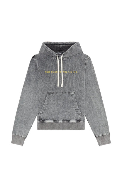 Diesel grey pullover hoodie with kangaroo pocket and white drawstrings, flat lay