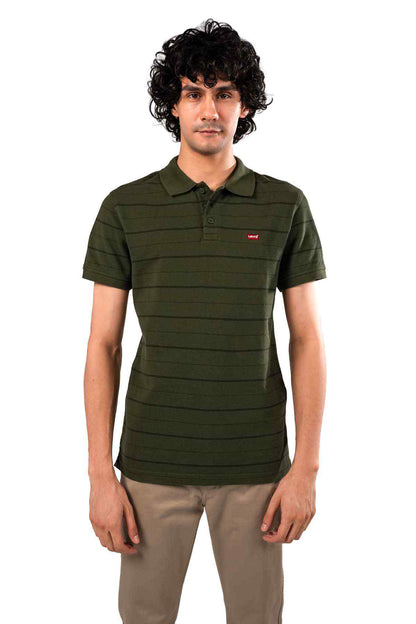 Levi's dark green striped polo shirt, short sleeves, button placket, red logo tab