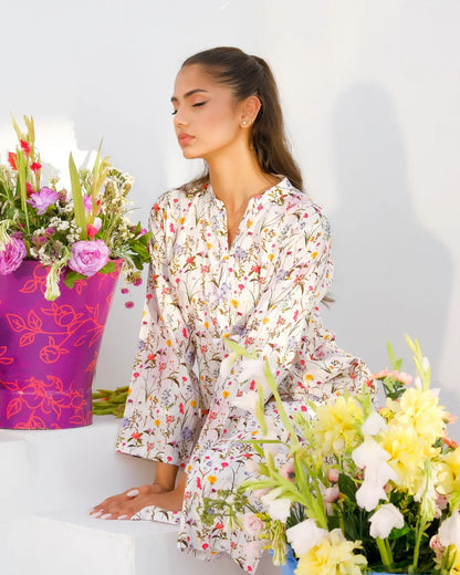 Floral print long-sleeve midi dress with V-neck, white with multicolor blossoms