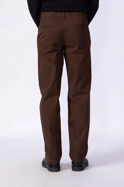 Men's brown chinos, front view with tapered legs and belt loops