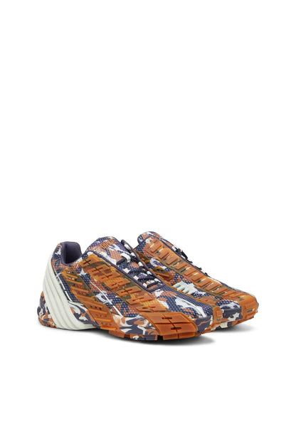 Orange and blue printed lace-up sneaker with off-white sidewall and lace-up