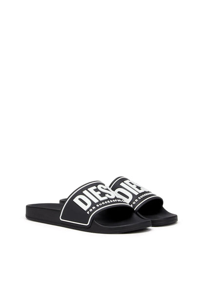 Black slide sandals with logo strap and open toe