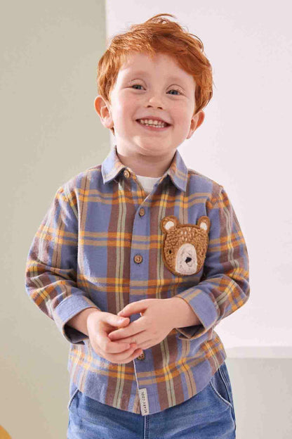 NEXT kids plaid shirt with bear applique, button front, blue and yellow tones