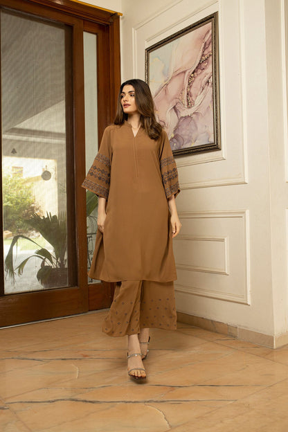 Velour coffee tunic dress with V-neck, patterned sleeves, and matching straight pants