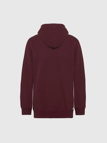 Maroon zip-up hoodie back view with drawstring hood