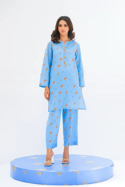 Women's light blue floral printed kurta and pants set, three-quarter sleeves and straight hem