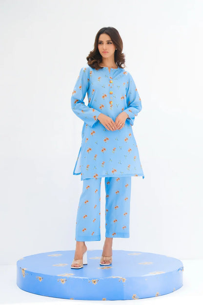 Women's light blue floral printed kurta and pants set, 3/4 sleeves, round neck
