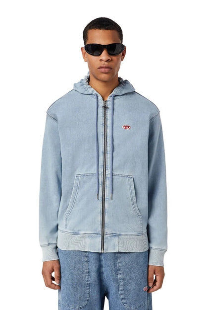 Light blue zip-up hoodie with hood, drawstring, and front zip
