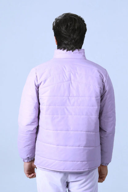 Lavender quilted jacket back view with horizontal stitching and stand collar