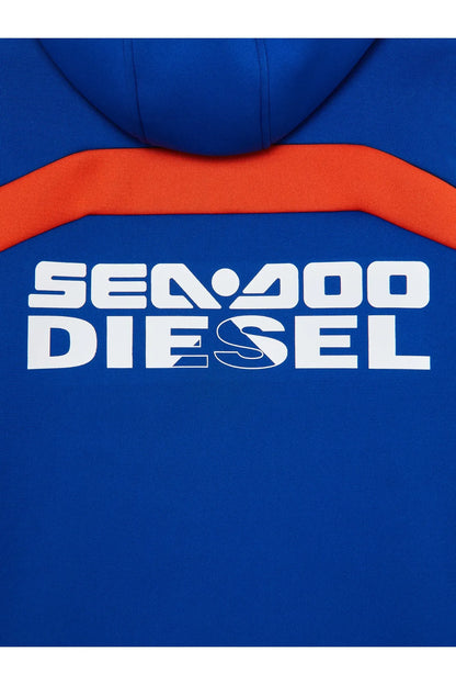 Blue hoodie with SEA-DOO Diesel chest graphic, white logo print detail