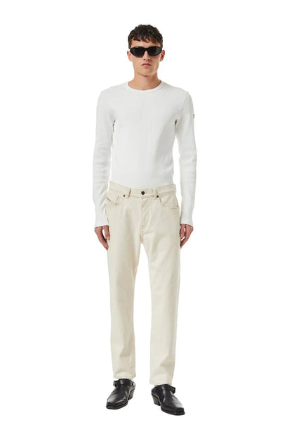 Diesel white denim jeans, model wearing with straight legs and button waist