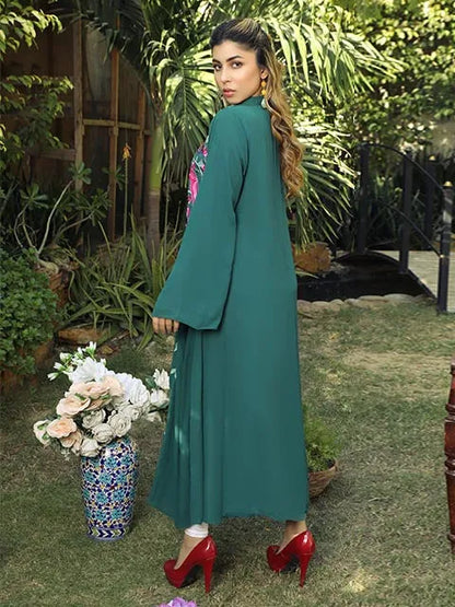 Teal long kurta dress with flared sleeves and pink floral embroidery front