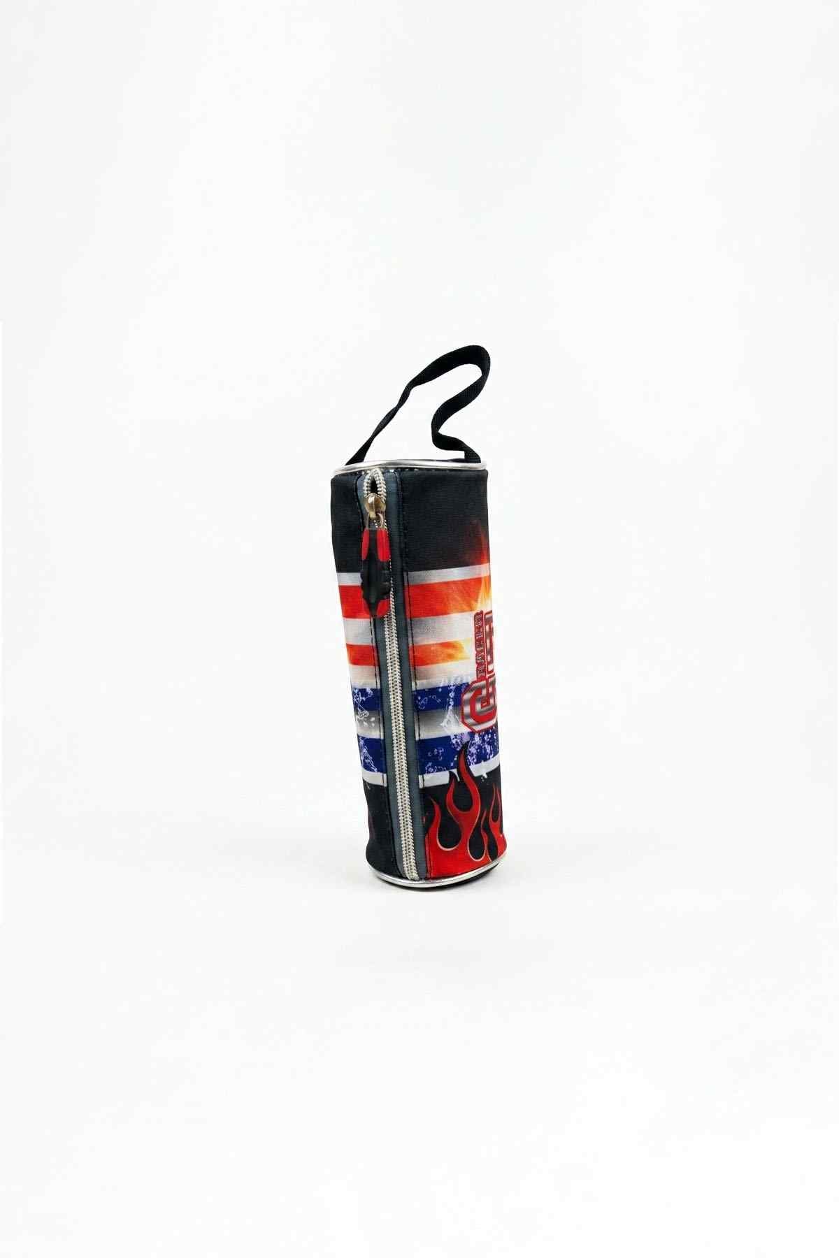 Dark navy cylindrical pencil case with zipper and web strap, colorful sports car print