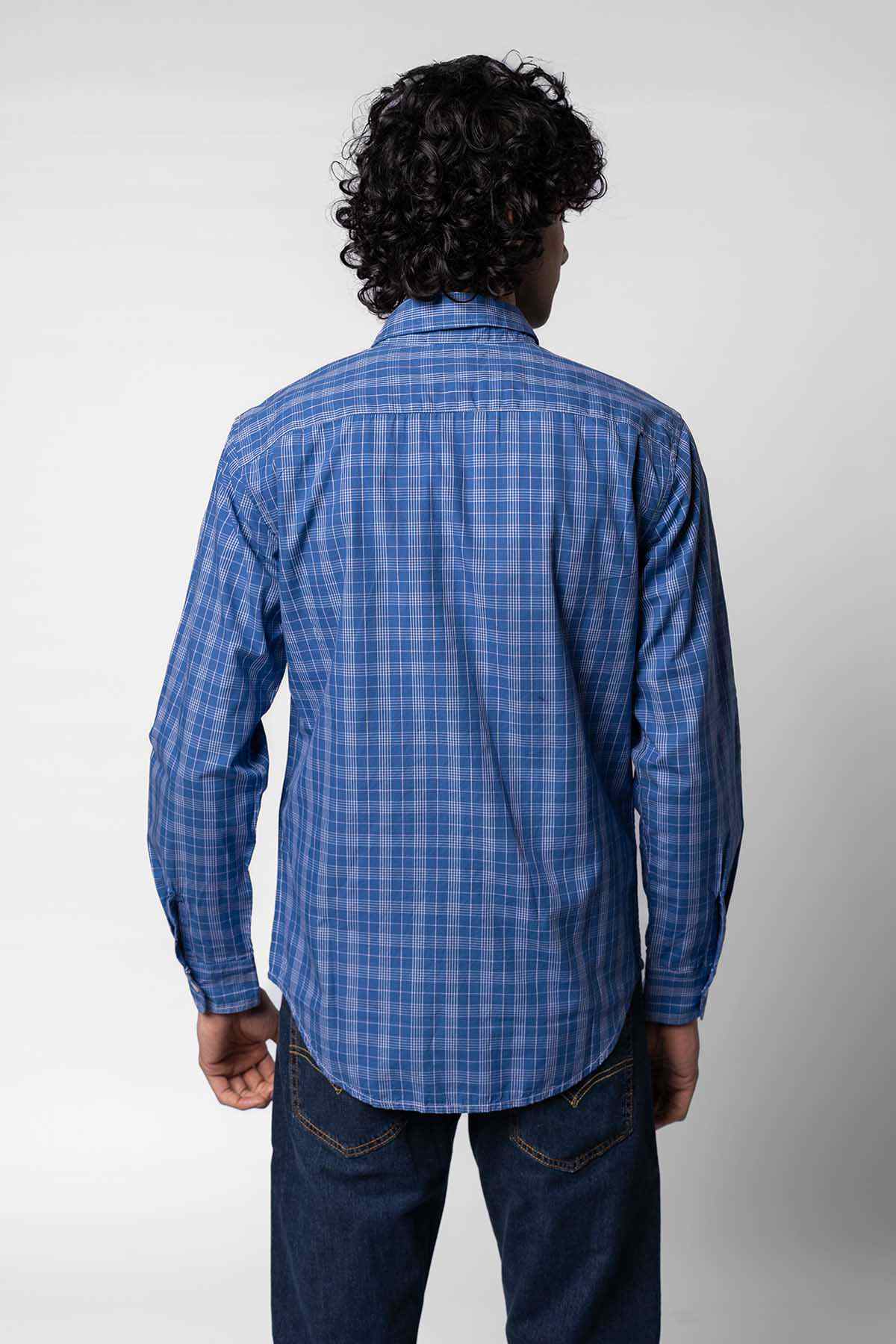 Levi's blue plaid button-up shirt, back view