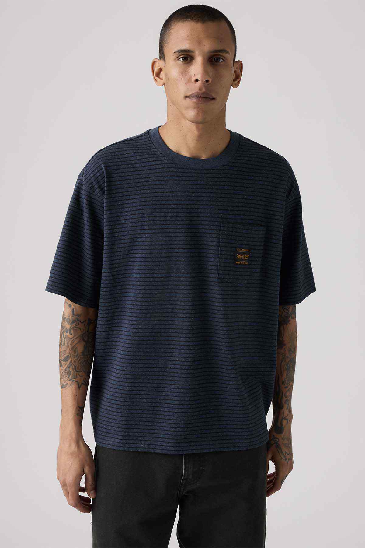 Navy blue striped short-sleeve T-shirt with crew neck and small chest logo patch