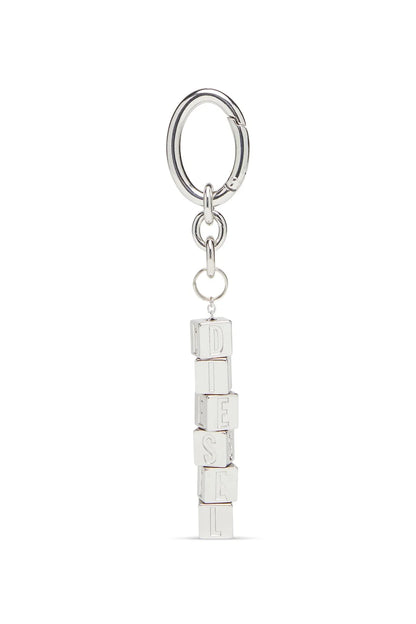 Diesel silver metal keychain with vertical letter blocks and round key ring