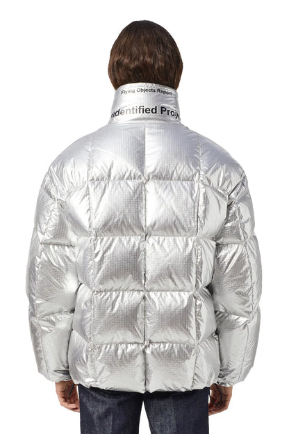 Silver metallic puffer jacket, quilted boxy back with full-length zipper