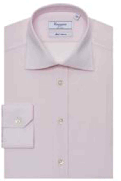 Pink dress shirt front with pointed collar and logo buttons