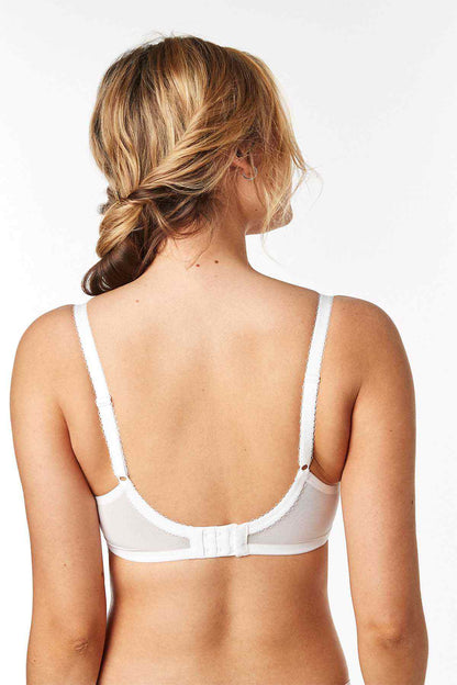 White underwire bra back view with adjustable thin straps