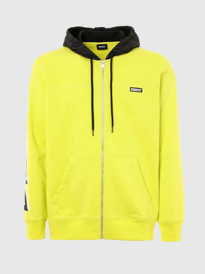 Diesel yellow zip-up hoodie with black hood, drawstring, front kangaroo pockets