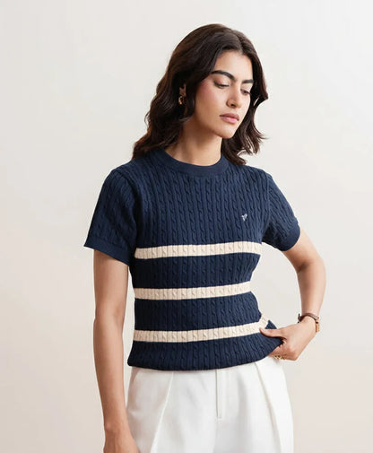 Navy cable-knit fitted top with cream horizontal stripes and short sleeves, side view