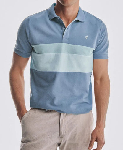 Men's striped polo shirt with collar and short sleeves, blue and light aqua