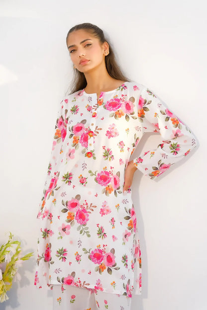 Floral printed long tunic with crew neckline and matching straight pants