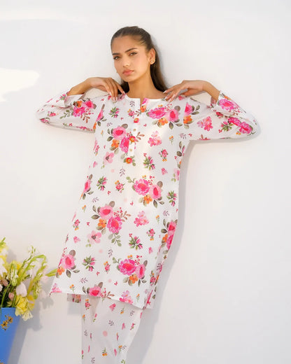 Floral printed tunic set with scoop neckline, long sleeves, and straight pants