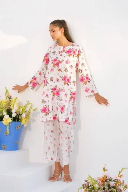 Floral printed long tunic with wide sleeves and matching straight pants set