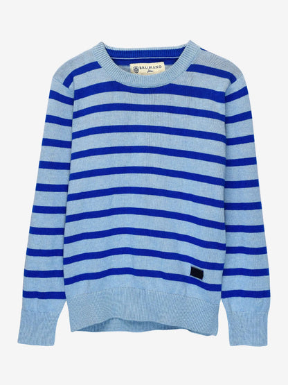 Brumano blue-and-white striped crewneck knit sweater with small chest patch detail