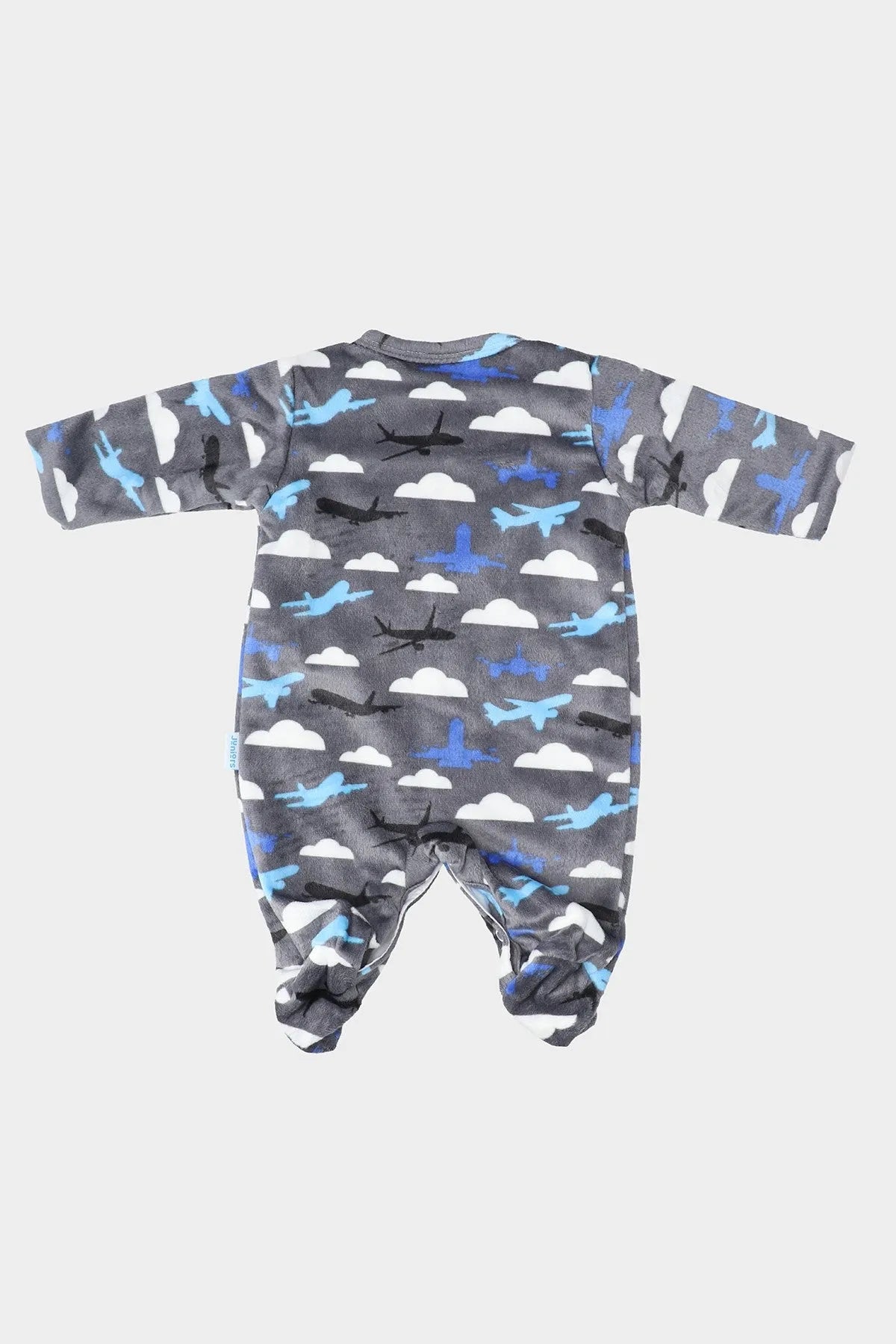 Grey baby footed romper with long sleeves and all-over clouds plus airplane print