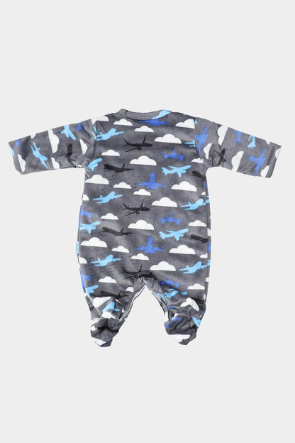 Grey baby footed romper with long sleeves and all-over clouds plus airplane print
