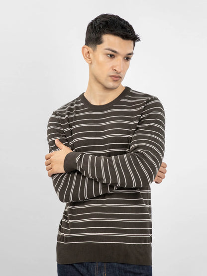 Brumano men's striped cotton crewneck sweater with arms crossed, ribbed cuffs and hem